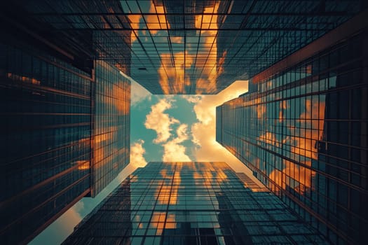 View from below of modern skyscrapers against blue sky with clouds. . Reflection of sky and sun in windows of skyscrapers.