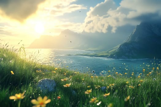 Green grassy shore with wild flowers close-up surrounded by ocean water. Cozy bay against cloudy sky.