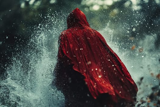 Silhouette of a man in a red hooded cloak against the background of pouring rain.