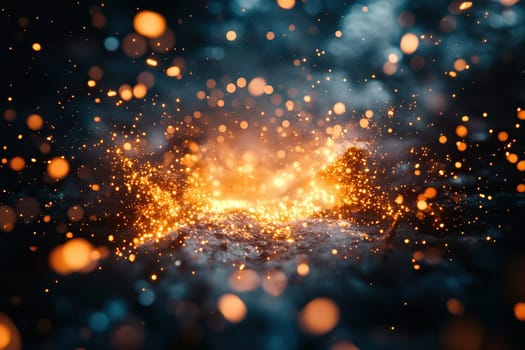 Glowing golden bokeh lights scattered on dark background. Holiday background with golden highlights and sparkles in the dark.