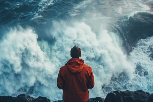 A man stands on a rock in a bay where huge waves crash and form foam. View from above.