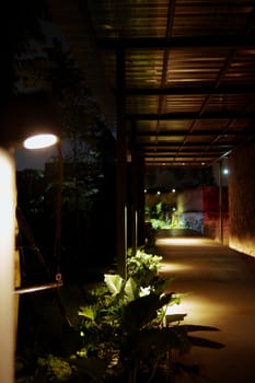 a dimly lit walkway at night with plants and flickering light at a cafe