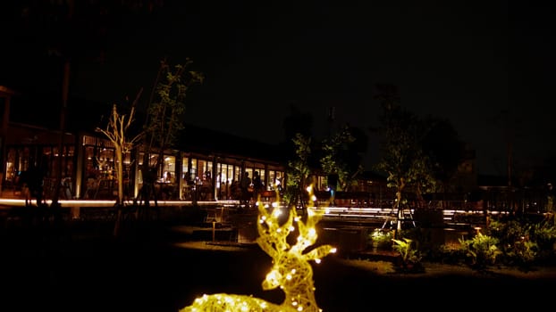 Illuminated reindeer decoration with festive lights at night, outdoor setting with building in the background.
