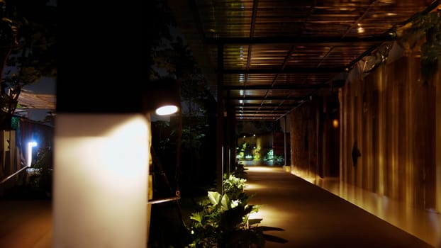 a dimly lit walkway at night with plants and flickering light at a cafe