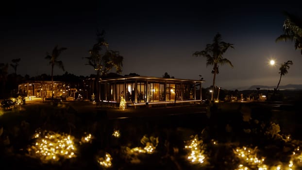 Tropical resort at night with illuminated bungalows and palm trees under a moonlit sky.