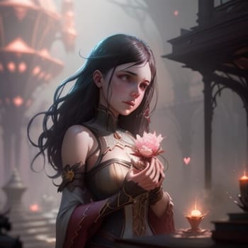 girl holding pink flower, lighting, valentine's day. High quality illustration