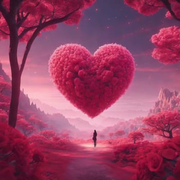 girl pink heart, fantastic park lighting, valentine's day. High quality illustration