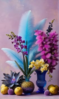 Artistic arrangement of colorful orchids in crystal vases with lemons and beads on pastel backdrop. Ideal for floral, interior design, or home decor themes. Bright and elegant