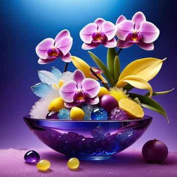 Vibrant orchids in glass vases with colorful crystals and lemons on soft pastel background. Perfect for floral, home decor, or interior design themes. Bright, elegant, and artistic composition