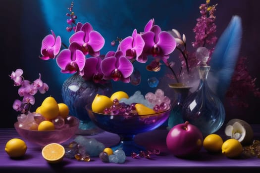 Artistic floral composition of orchids in crystal vases with lemons and colorful beads. Soft pastel gradient adds charm. Ideal for decor, lifestyle, or interior design themes