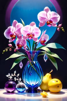 Vibrant orchids in glass vases, accompanied by lemons and crystals. Soft pastel backdrop enhances artistic appeal. Suitable for floral, home decor, or lifestyle concepts