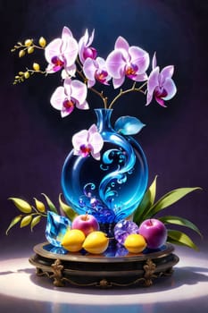 Vibrant orchids in glass vases, accompanied by lemons and crystals. Soft pastel backdrop enhances artistic appeal. Suitable for floral, home decor, or lifestyle concepts
