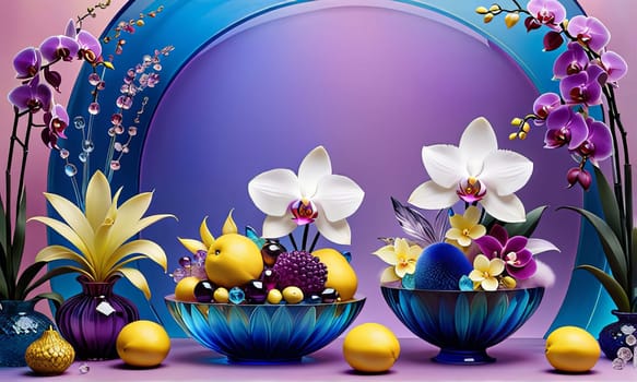 Vibrant orchids in glass vases with colorful crystals and lemons on soft pastel background. Perfect for floral, home decor, or interior design themes. Bright, elegant, and artistic composition