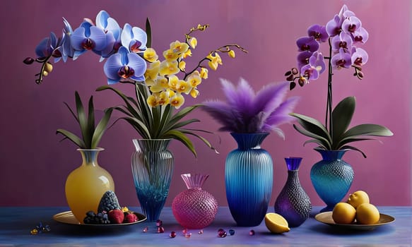 Orchids in various shades, placed in glass vases alongside lemons and crystals. Soft pastel background complements floral arrangement. Perfect for decor, interior design, or lifestyle themes