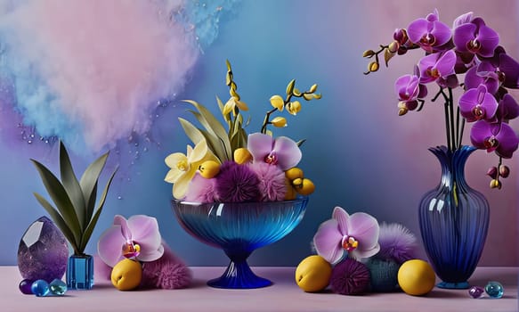 Orchids in various shades, placed in glass vases alongside lemons and crystals. Soft pastel background complements floral arrangement. Perfect for decor, interior design, or lifestyle themes