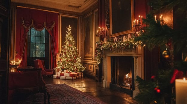 Country manor decorated for Christmas, Merry Christmas holiday idea