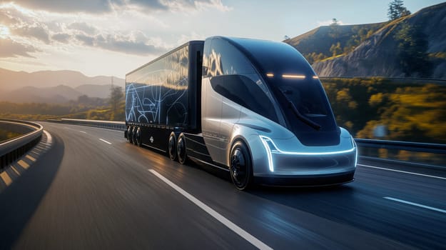An electric semi-truck drives on a winding highway surrounded by mountains, with the sun setting in the background, casting a warm glow over the landscape - Generative AI