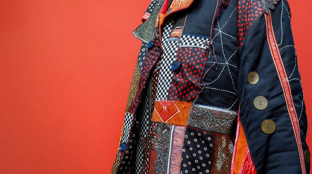 The model stands confidently, displaying a unique patchwork jacket adorned with colorful patterns. The bright red background highlights the intricate details of the garment - Generative AI
