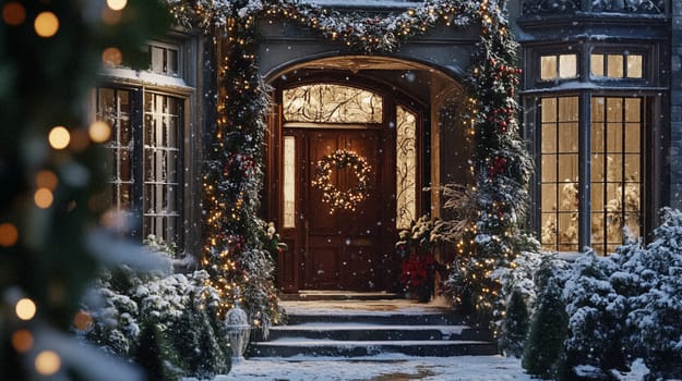 Country manor decorated for Christmas, Merry Christmas holiday idea