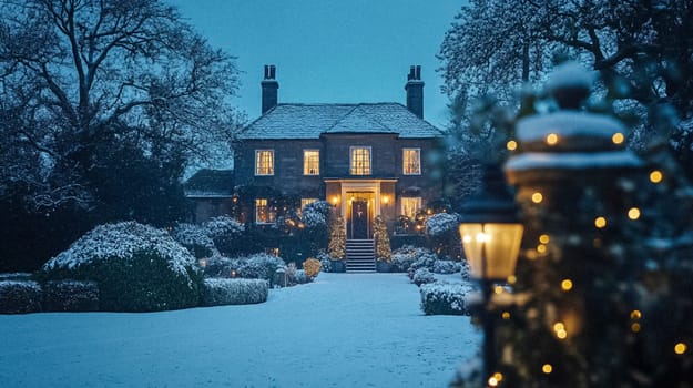 Country manor decorated for Christmas, Merry Christmas holiday idea