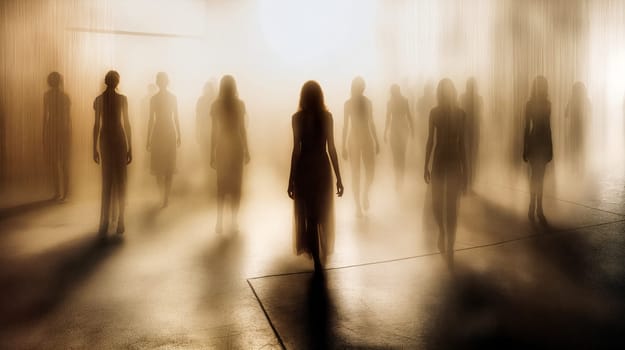 figures moves forward into bright light, surrounded by indistinct silhouettes in a foggy setting. The atmosphere is evoking a sense of mystery - Near death experience concept - Generative AI