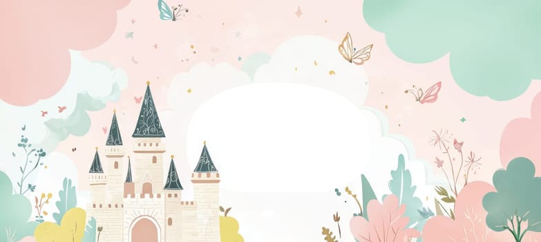 Enchanting fairy tale greeting card template features a whimsical castle in soft pastel hues, surrounded by fairy dust and clouds. a blank center provides space for a custom message, ideal for children's events or magical celebrations.
