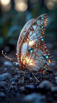 Beautiful butterfly: iridescent wings, diamond accents, golden highlights, delicate resting pose, intricate floral pattern, glowing gemstones, metallic shimmer, fantasy design, radiant light