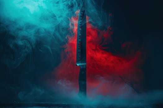 A captivating cover for a murder mystery novel featuring a blood-stained knife atop a dark, foggy background. bold, chilling typography highlights the title, evoking an ominous and suspenseful atmosphere, perfect for thriller enthusiasts.