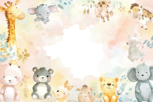A charming baby shower greeting card template featuring cute baby animals in pastel colors surrounding a blank center, perfect for adding a custom message. ideal for welcoming newborns and celebrating new beginnings.