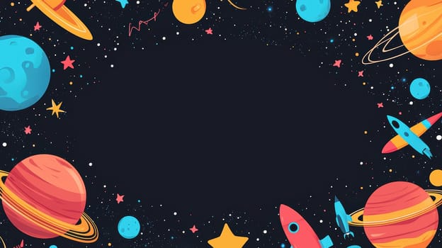 Playful space-themed greeting card template featuring colorful planets, rockets, and stars on a black background. the central area is left blank for a custom message. ideal for children's parties or adventurous greetings.
