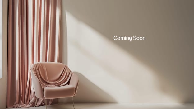 A minimalist interior features a partially constructed space with a simple coming soon banner elegantly draped on a sleek wall. soft lighting highlights the smooth textures, enhancing the modern and stylish atmosphere.