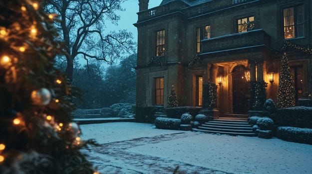 Country manor decorated for Christmas, Merry Christmas holiday idea