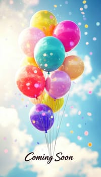 A vibrant collection of multicolored balloons floats against a clear blue sky, surrounded by festive confetti and gentle lens flare. ideal for announcements and celebrations, the image conveys a cheerful and uplifting atmosphere.
