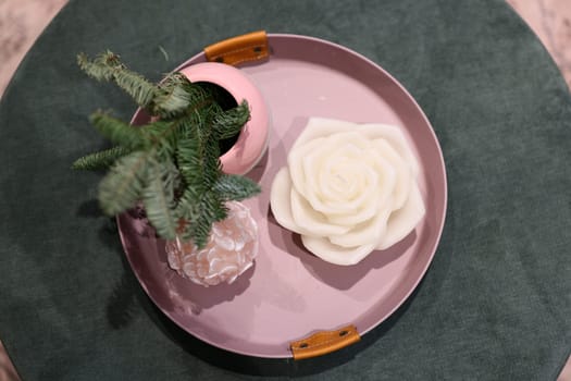 A stylish tray featuring a succulent, a rose, and vibrant greenery, perfect for inspiring home decor ideas
