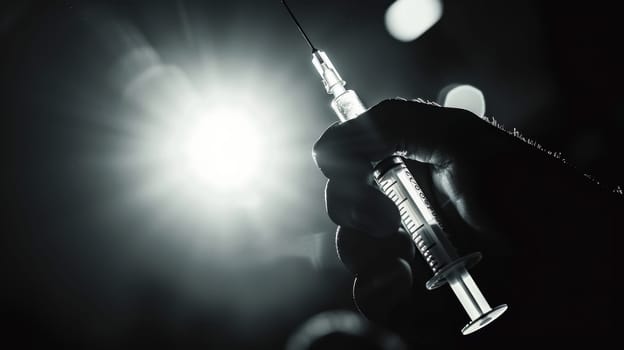 Hand tightly crushing a syringe against a backdrop of bright light, symbolizing triumph over drug addiction. the high contrast design effectively highlights the theme of overcoming narcotics, ideal for awareness campaigns.