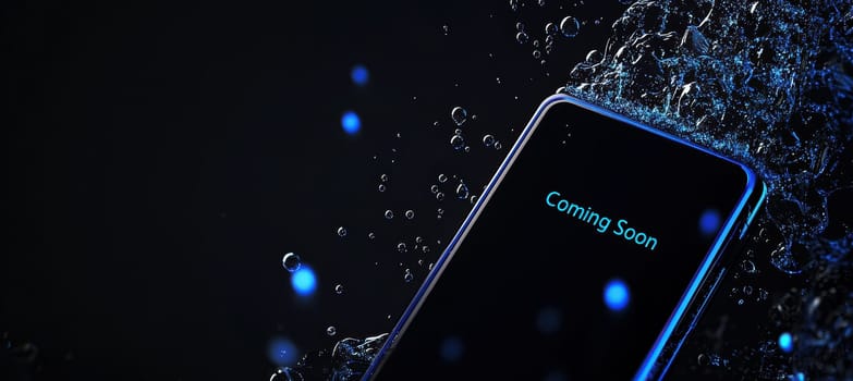 Sleek and futuristic banner design featuring a matte black background with glowing blue edges, suggesting innovation and anticipation. floating particles enhance the high-tech aesthetic with a minimalist text placeholder in a modern font.