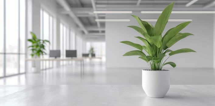 Spacious workspace: bright interior, greenery touch, blank text area, functional layout, peaceful ambiance, natural light, modern aesthetic, serene atmosphere, professional tone, inviting atmosphere