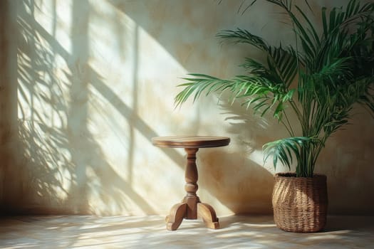 A beautiful composition featuring a wooden table and a lush potted plant casting intricate shadows, creating a serene and inviting atmosphere in a sunlit room.