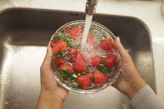 close up of Hands Holding a Bowl of Fresh Strawberries Being Washed in Kitchen Sink