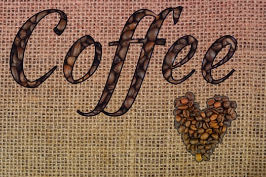 Coffee typography with letters filled with beans, heart shape made of beans, textured burlap background, no people, rustic design.