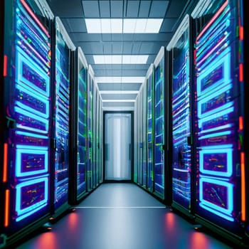 Data centers filled with rows and rows of servers as blinking light indicate constant processing, high detail, cinematic angle composition. High quality photo