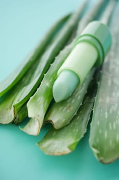 Natural Aloe Vera Lip Balm on Vibrant Aqua Background.