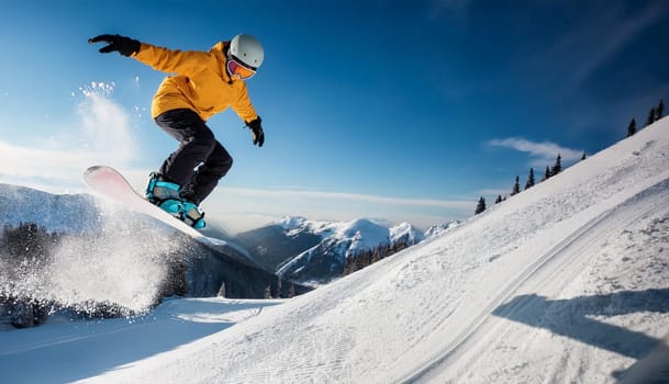 Snowboarder jumping through air with deep blue sky in background. High quality photo