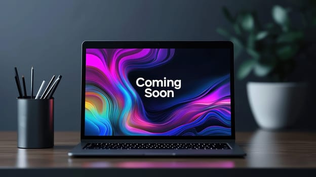 A sleek laptop placed on a minimalist desk featuring a vibrant "coming soon" message on its screen. the dynamic gradient design adds a touch of creativity, complemented by a pot of pens and a blurred green plant in the background.