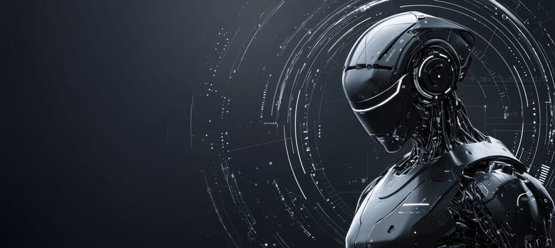 Sleek email signature layout features a metallic silver and dark gray palette, perfect for a robotics specialist. circular frame for profile picture includes robotic arm accents, creating a modern, high-tech aesthetic suited for digital media.