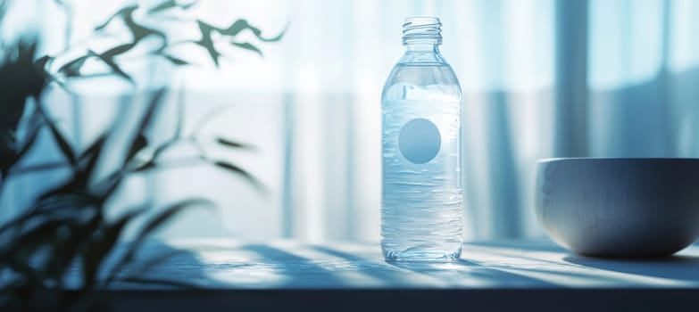 Frosted glass water bottle featuring a sleek die-cut logo sticker. the minimalist design enhances branding appeal, set against a softly blurred backdrop, adding depth and focus to the aesthetic. ideal for promotional use.