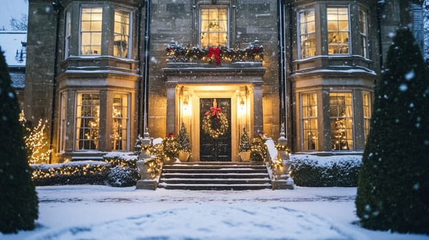 Country manor decorated for Christmas, Merry Christmas holiday idea