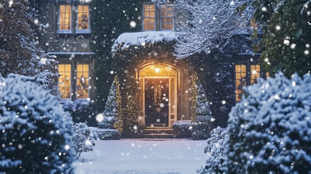 Country manor decorated for Christmas, Merry Christmas holiday idea