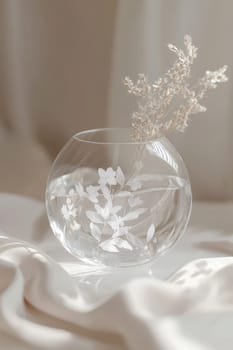 A transparent sticker featuring intricate floral patterns adorns a crystal clear glass vase, surrounded by a serene setting of soft, natural decor. the scene exudes tranquility, with gentle lighting enhancing the floral elegance.