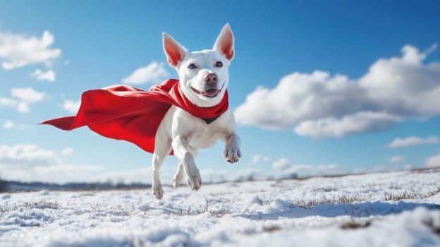 A white dog in red cape joyfully flies through snowy field under blue sky